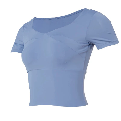 【女上衣】短袖瑜珈皮拉提斯含胸墊運動上衣【 藍S】