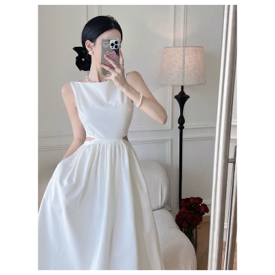 【女裝】【瑕疵】法式露腰赫本風一字肩無袖連身長裙【白S】