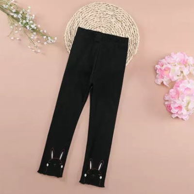 【童】女童打底卡通花邊9分褲黑刺繡兔(110)