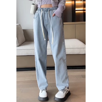 【女褲】薄款鬆緊腰寬版牛仔褲(淺藍2XL)
