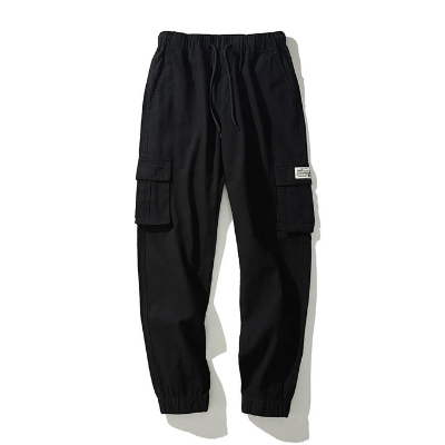 【女褲】夏季薄款街頭透氣束腳多口袋工裝褲(黑2XL)