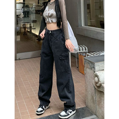 【女褲】正韓美式厚磅復古多口袋後鬆緊寬鬆牛仔工裝褲(水洗黑M)