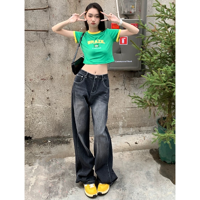 【女褲】甜酷辣妹風秋季美式厚磅闊腿牛仔褲(水洗黑M)